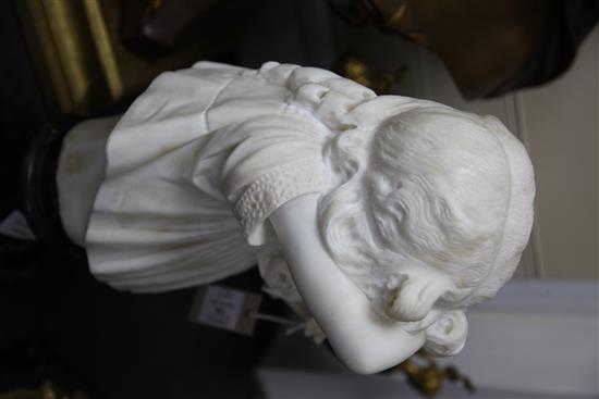 A late Victorian carved alabaster bust of a young girl holding a rose, 19in.